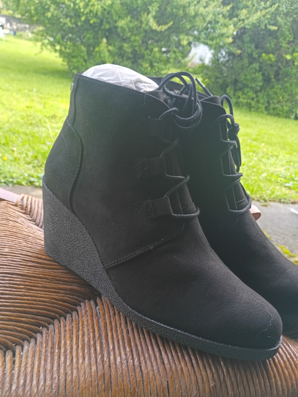 Noelle Black Lace-Up Wedge Ankle Boots
